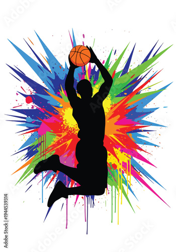Dynamic basketball player slam dunk with vibrant paint explosion background, bold modern sports poster illustration perfect for tournament promotion, team branding and athletic campaigns