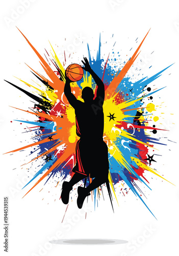 Dynamic basketball player slam dunk with vibrant paint explosion background, bold modern sports poster illustration perfect for tournament promotion, team branding and athletic campaigns