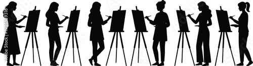 Black silhouettes of seven women artists standing at easels painting on canvases for art studio gallery and creative workshop design concepts