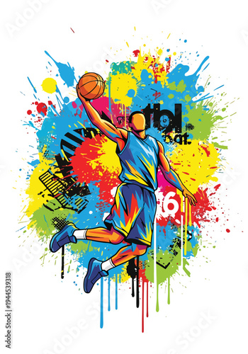 Dynamic basketball player slam dunk with vibrant paint explosion background, bold modern sports poster illustration perfect for tournament promotion, team branding and athletic campaigns