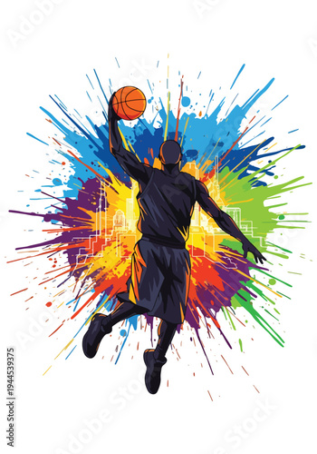 Dynamic basketball player slam dunk with vibrant paint explosion background, bold modern sports poster illustration perfect for tournament promotion, team branding and athletic campaigns
