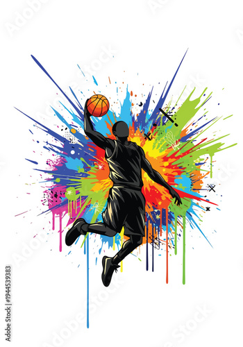 Dynamic basketball player slam dunk with vibrant paint explosion background, bold modern sports poster illustration perfect for tournament promotion, team branding and athletic campaigns