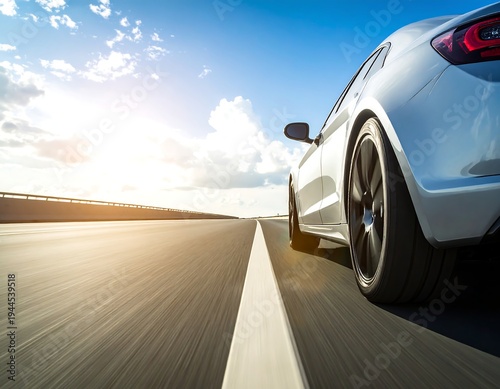 Silver Car Speeding on Highway Under Bright Sky.