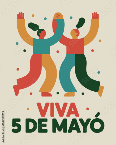 Two figures celebrating with text Viva 5 de Mayo cinco