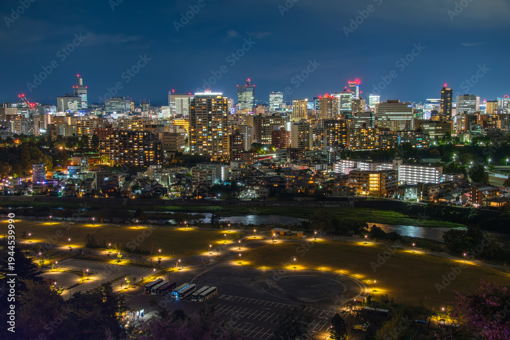 Fototapeta premium 宮城県仙台市 仙台城跡(青葉城址)から見下ろす広瀬川と杜の都・仙台の夜景