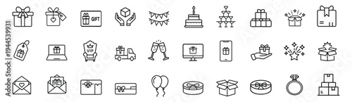 Gift and holiday celebration outline icon featuring surprise present box, birthday party event, online shopping delivery, wedding anniversary package more vector illustration or editable stroke.