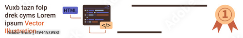 Web development, programming, coding education, achievement, online learning, certification. Visual of HTML code snippets with award badge. Web development and coding education concept