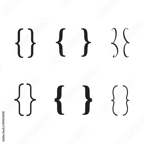 Black curly braces illustration various sizes and arrangements displayed