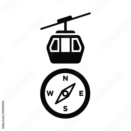 Gondola lift and compass icon for travel and navigation concepts with cable car