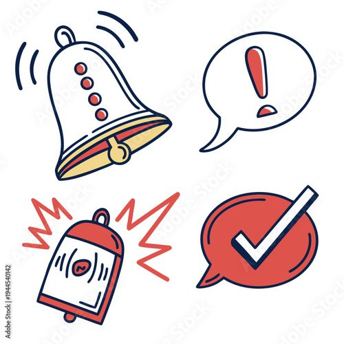 Colorful notification with bell, speech bubble, and checkmark