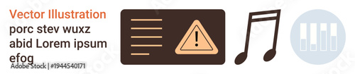 Data notifications, audio warnings, user interface elements, digital alerts, sound systems, creative layouts. Alert triangle with lines, music note sound wave icon. Data notifications and audio