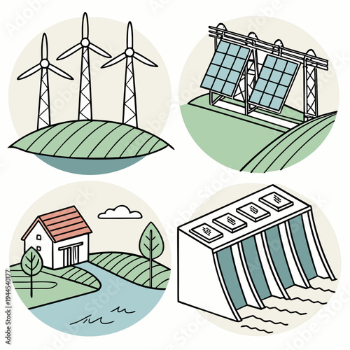 Eco friendly energy with wind turbines and hydroelectric dam solar panels