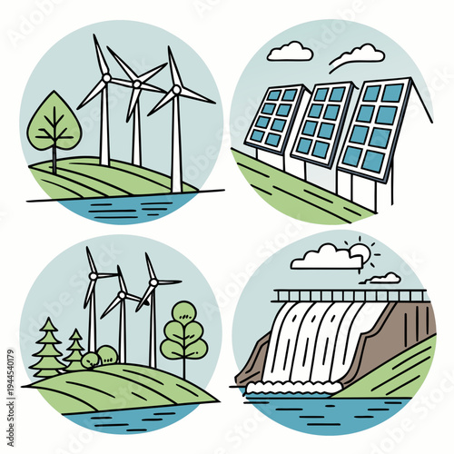 Renewable energy with wind turbines and hydroelectric dam solar panels tree