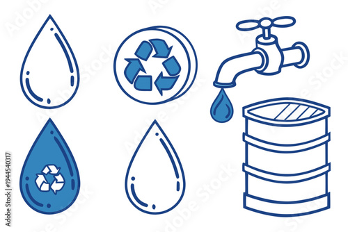 Water conservation recycling symbols with faucet and barrel