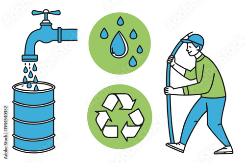 Man filling barrel from faucet with recycling symbols hose