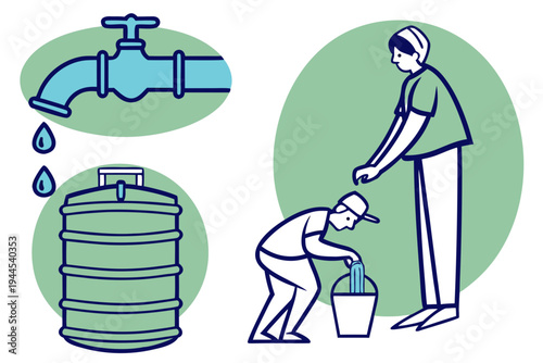 People collecting water from faucet and barrel