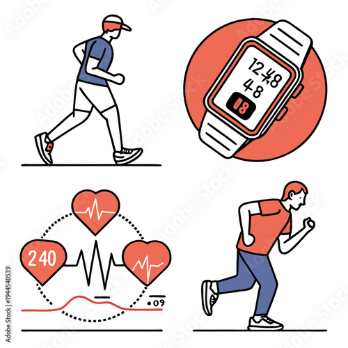 Fitness and health with people running and smartwatch heart rate