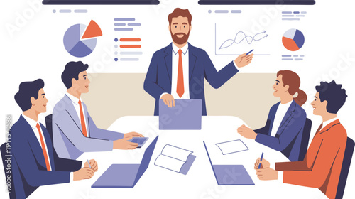 Business conference meeting illustration with presenter explaining financial charts to team around table in modern flat design style