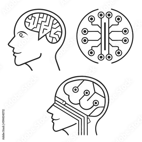 Human brain with circuit board and maze line black white