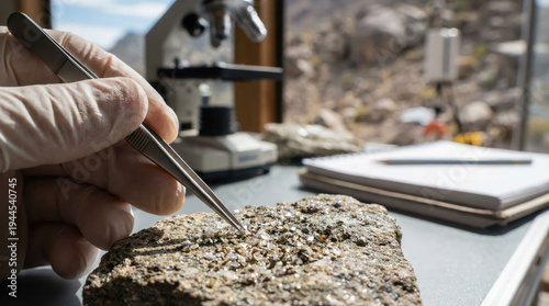 Geologist hand tweezers rock mineral sample outdoor lab research geology field study microscope notebook detail focus