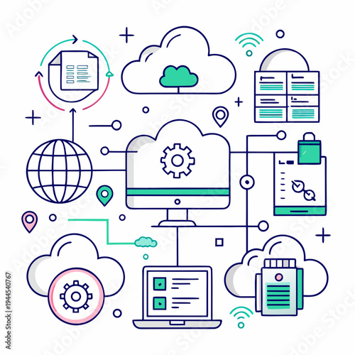 Cloud computing and data storage with computer and server