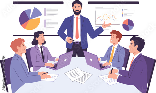 Business conference meeting illustration with presenter explaining financial charts to team around table in modern flat design style
