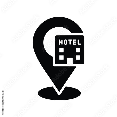 Hotel location pin icon with building symbol for accommodation booking with guest house with real estate with navigation symbol with location marker