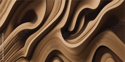 A wavy abstract design featuring a liquid metallic texture of gold and silver silk waves over a brown wood grain pattern wallpaper backdrop