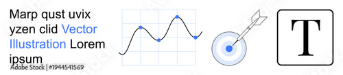 Data visualization, business strategy, typography, target achievement, analytics, presentation. Line graph, bullseye bold text T. Data visualization and business strategy concept