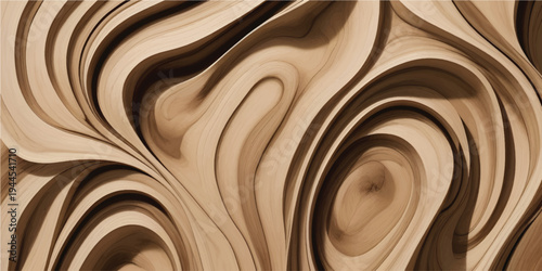 Elegant dark chocolate wood texture background with a smooth creamy liquid swirl and golden wavy pattern for a delicious dessert design