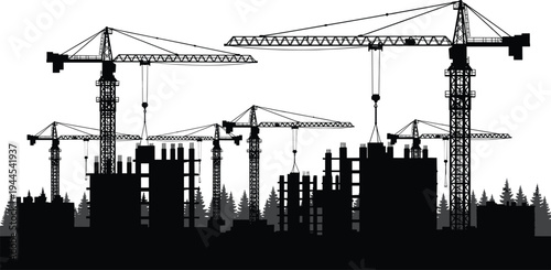 Black vector silhouettes of multiple construction cranes operating on a building site with unfinished skyscraper structures against a forest and sky background
