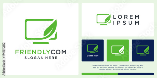 Friendly computer logo design with leaf and screen