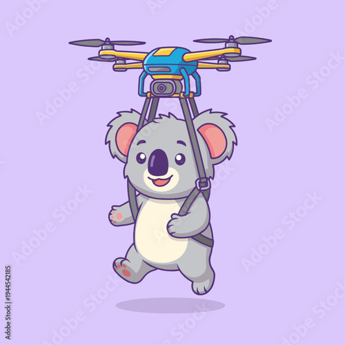 A friendly and playful vector illustration of a koala mascot being safely carried by a flying drone using a secure safety harness.