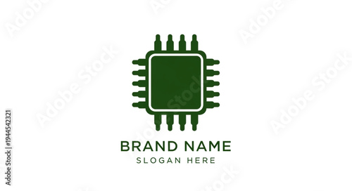 Green microchip logo representing technology and innovation with brand name and slogan placeholders.