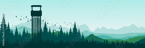 Panoramic green morning mountain landscape with pine forest silhouette and flying birds