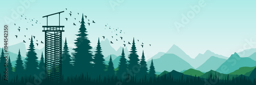 Wide screen nature banner featuring coniferous trees watchtower and green sky copy space