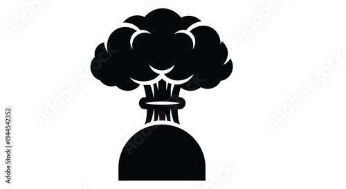A stark black and white illustration of a mushroom cloud on a white background
