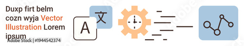 Workflow automation, language translation, machine learning, data processing, innovation, digital tools. Diagram with a gear, language icons and flow lines. Workflow automation and language