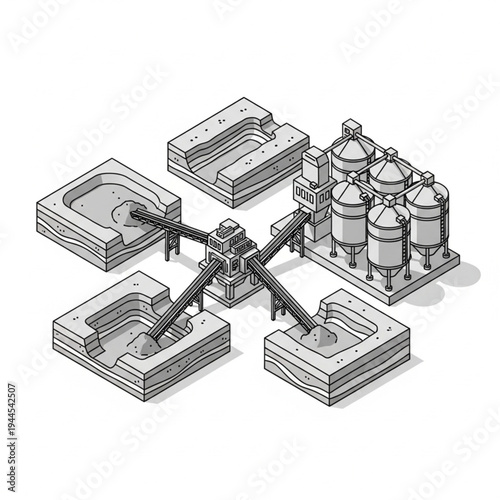 Industrial processing plant with silos and material handling system, isometric view.
