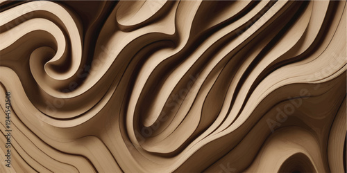 Smooth brown wooden texture background featuring a golden flowing silk pattern with shiny chocolate liquid waves and soft orange light on a satin fabric design