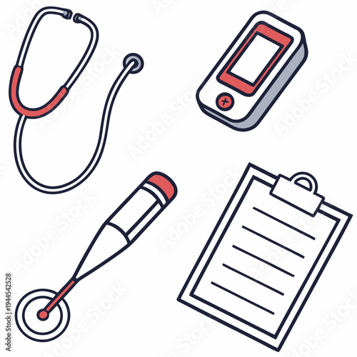 Medical including stethoscope glucometer thermometer and clipboard