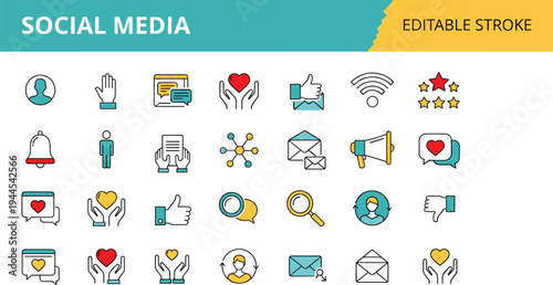 Editable stroke social media icon set including user profile, chat, like, heart, notification, email, share, rating and network connection symbols