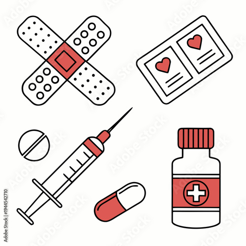 Medical including band aid syringe and pills medical band aid medication healthcare