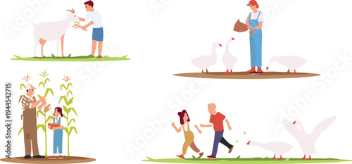 Farm life vector illustration set with farmers feeding animals, harvesting crops, walking in countryside and caring livestock, rural agriculture lifestyle scenes isolated on white background