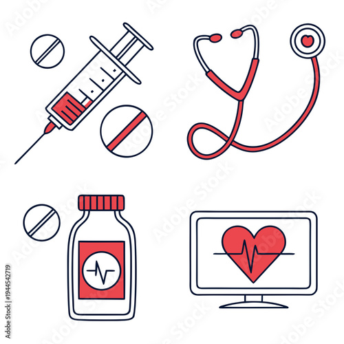 Medical including syringe stethoscope and heart rate monitor medical syringe pills medication