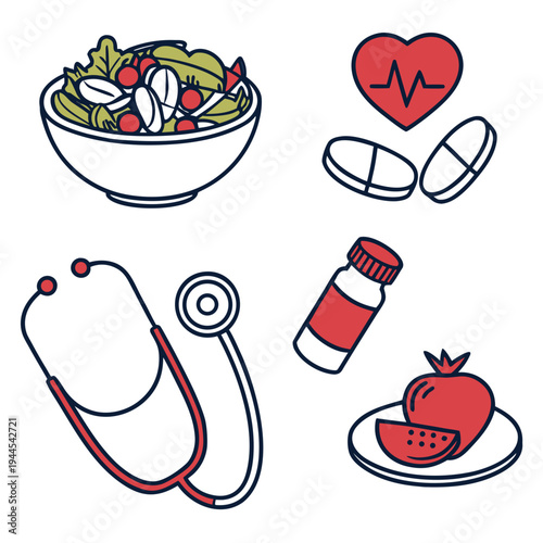 Healthy lifestyle including food stethoscope and pills healthy lifestyle food medication