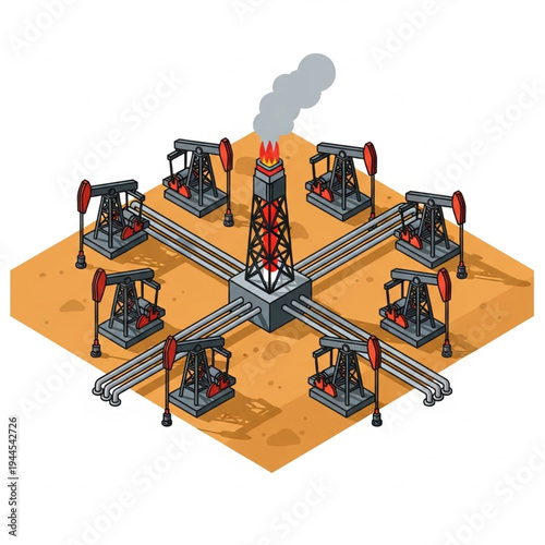 Oil drilling rig with multiple pump jacks extracting crude oil from the ground, symbolizing energy production and industry.