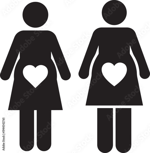 Two pregnant women silhouette icon heart symbol