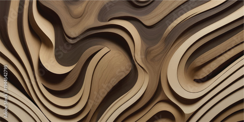 Abstract Wooden Wave Pattern Background Texture Design, Brown and Dark Brown Hues, 3D Carved Wood Wall Art