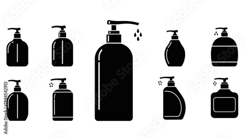 Black silhouettes of various dispenser bottles.
